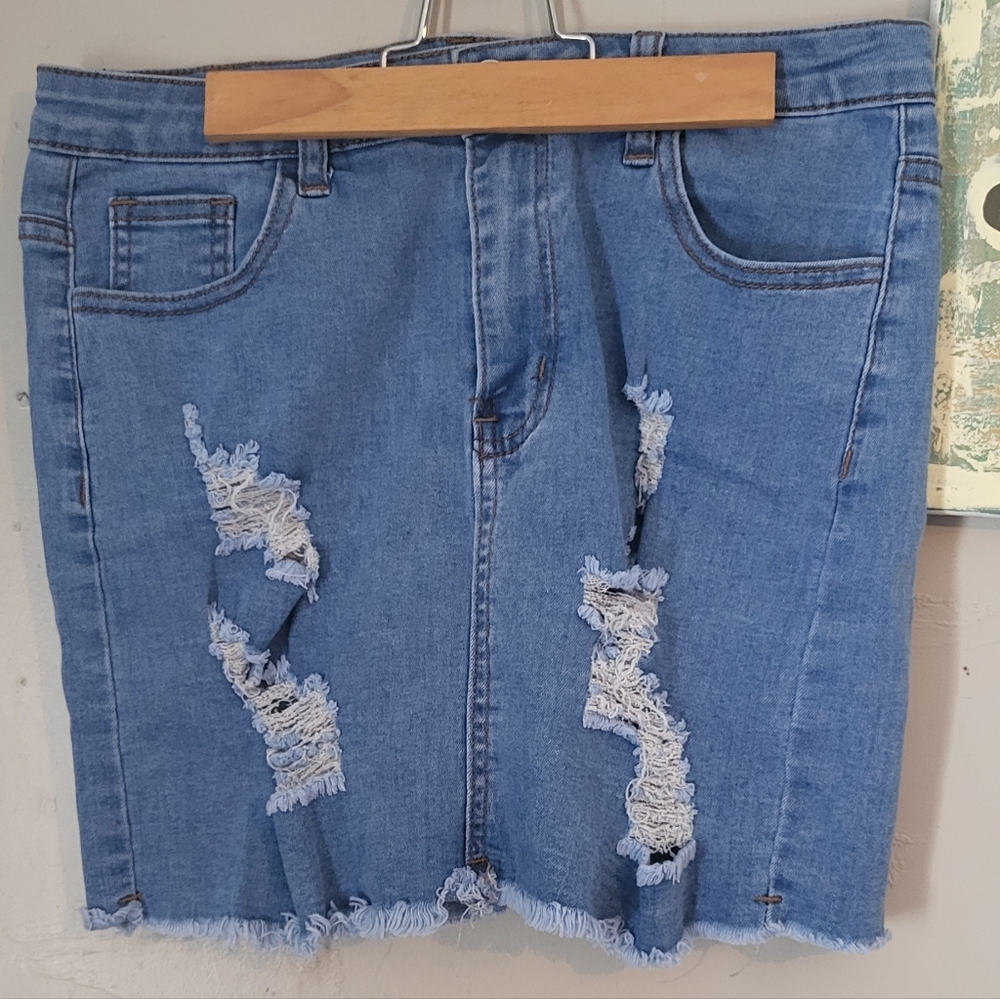 Source Unknown Blue Distressed Mini Skirt